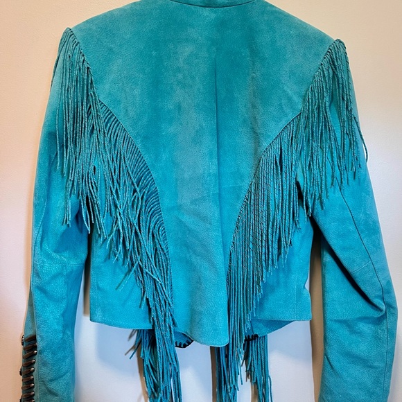 Vintage Suede Fringe Western Style Jacket, Turquoise with Beading Boho - Picture 11 of 11
